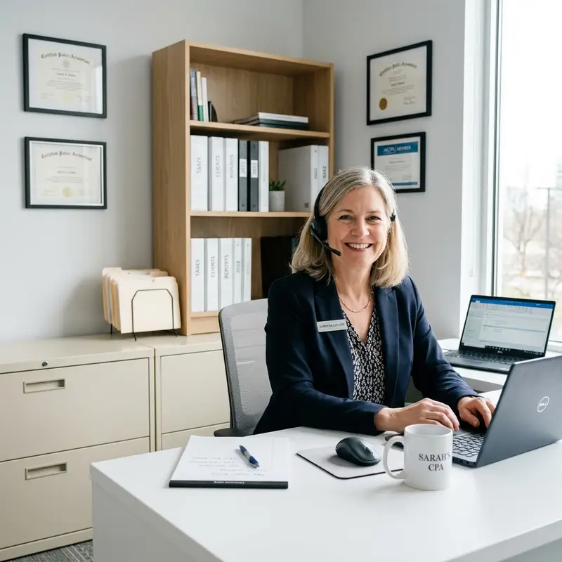 A friendly female CPA wearing a headset and smiling at a clean white desk in an accounting office