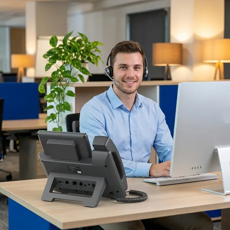 Friendly small business office manager at a clean wooden desk, speaking on a telephone headset and smiling directly at the camera