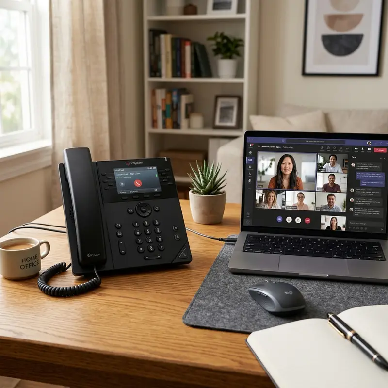 VoIP business desk phone set up at home office workspace during storm evacuation