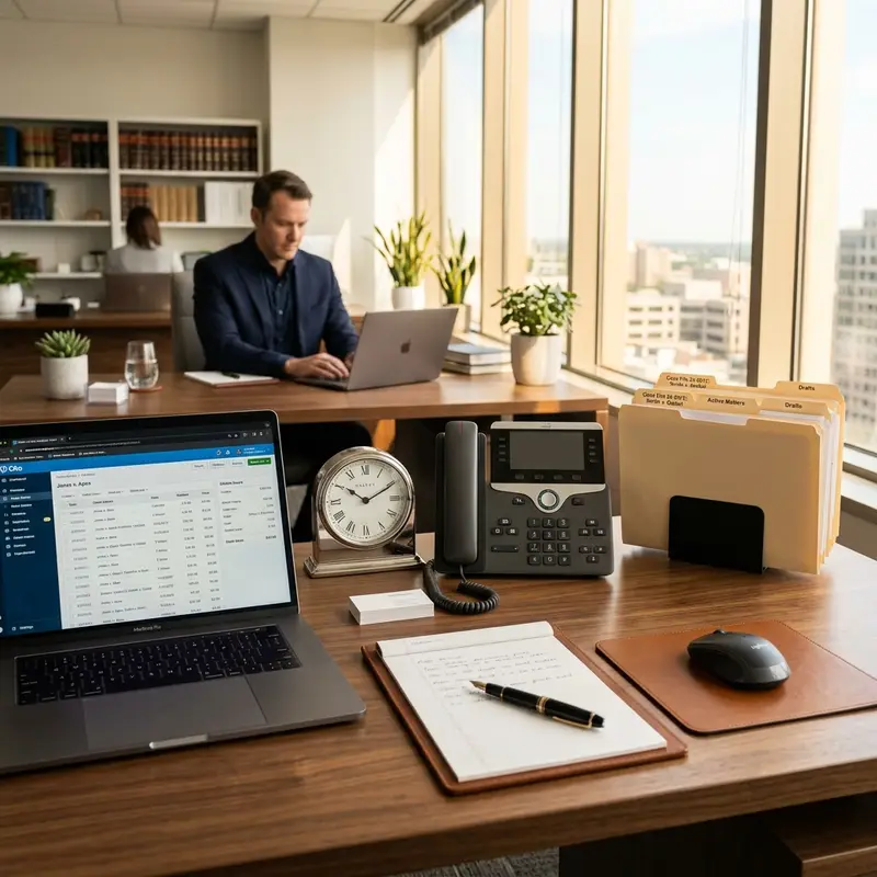 Photorealistic attorney desk setup featuring an analog desk clock, executive desk phone, and legal CRM software for billable call logging