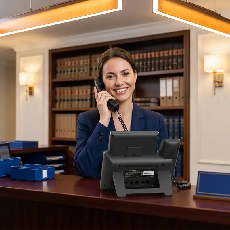 Law firm receptionist desk with business phone