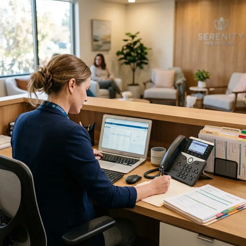 Friendly mental health intake coordinator at a serene therapy clinic reception desk with desk phone
