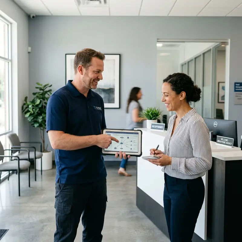 Local Tampa phone technician explaining office phone setup to a smiling receptionist
