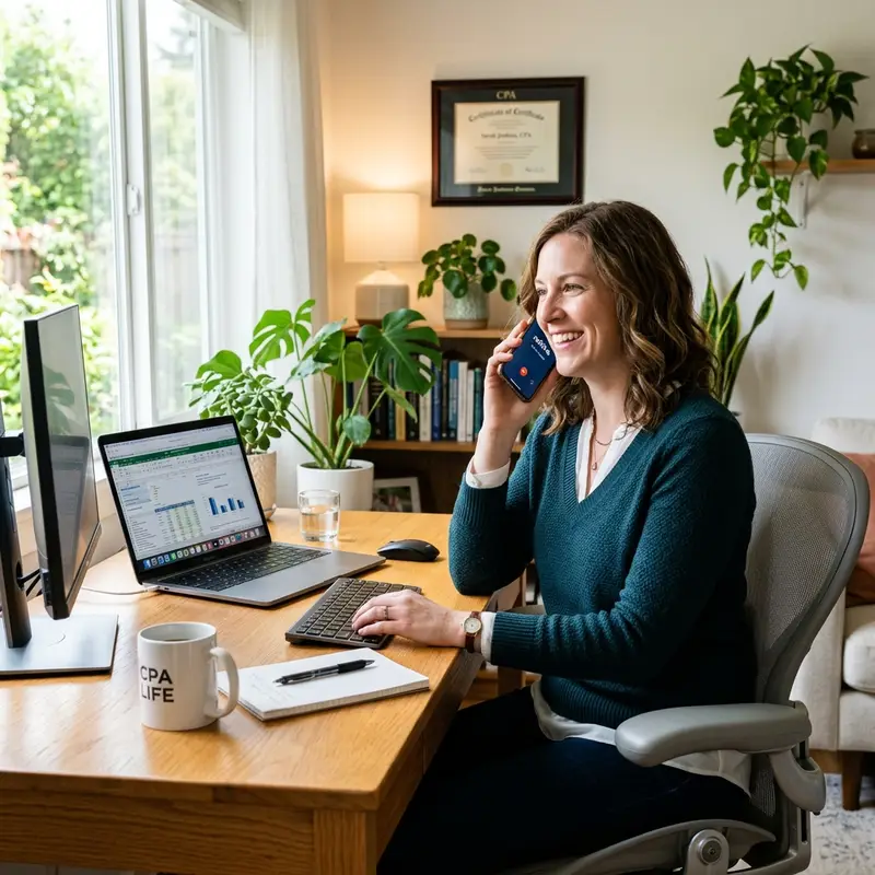 Remote medical billing specialist working from home with laptop and softphone app