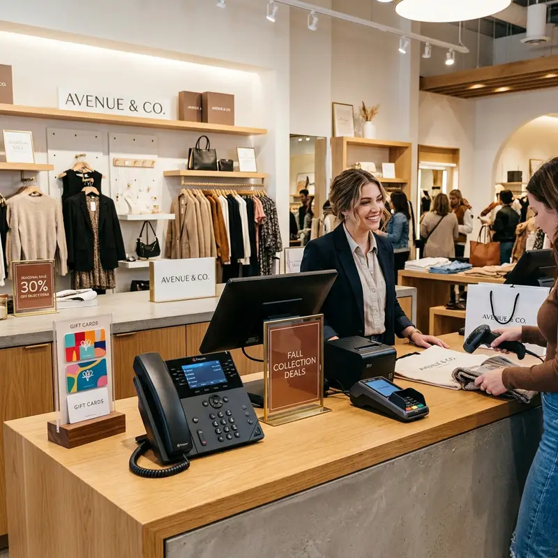 Retail store checkout counter with seasonal sale signage, gift card display, and desk phone