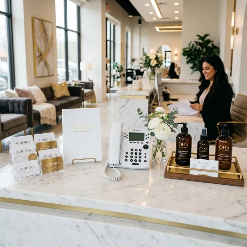 Luxury spa reception desk with gift card displays, service menus, and phone system